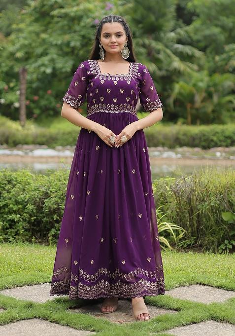 Purple Sequence Embroidery Work Georgette Dress