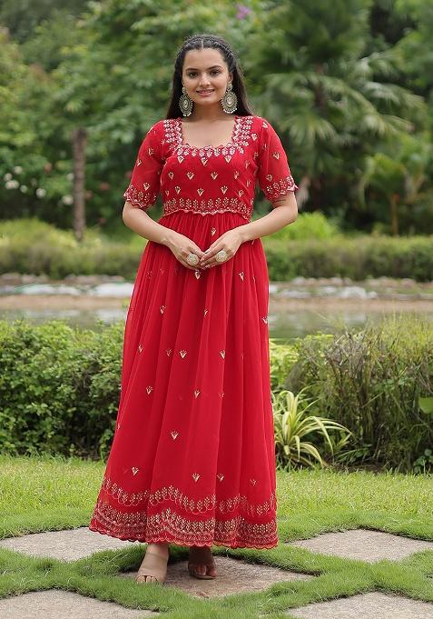 Red Sequence Embroidery Work Georgette Dress
