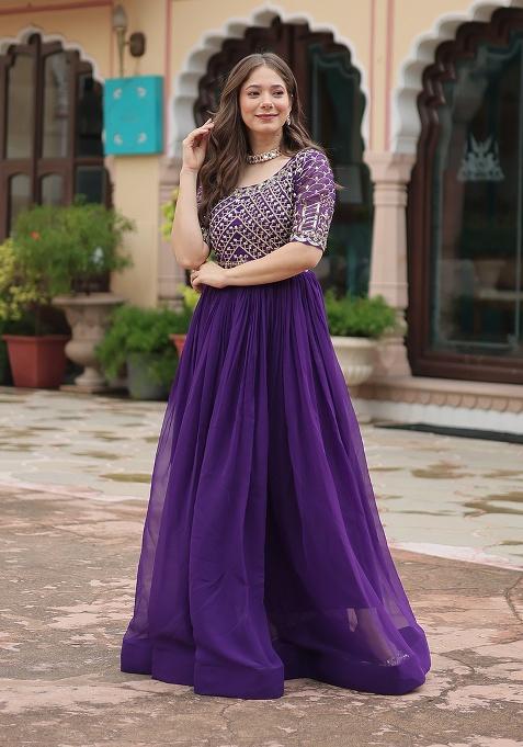 Purple Sequence Embroidery Work Georgette Dress