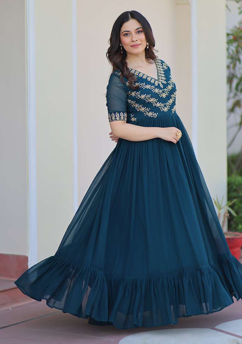 Rama Green Sequence Embroidery Work Georgette Dress - Indya