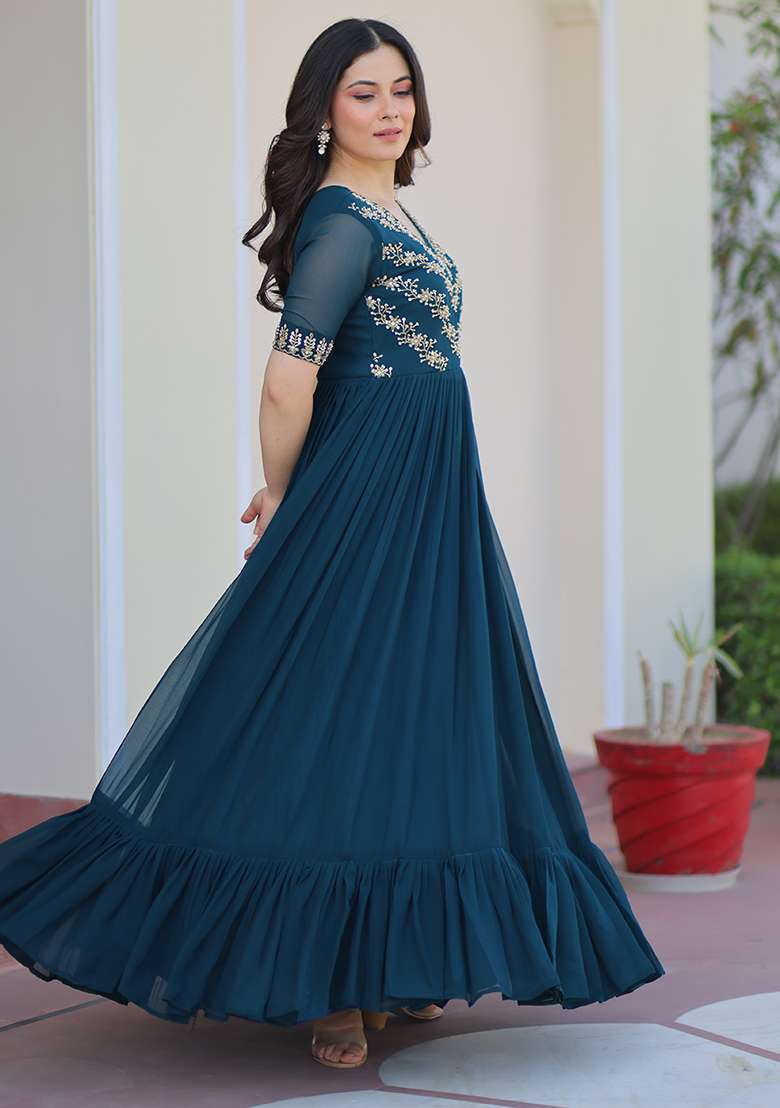 Rama Green Sequence Embroidery Work Georgette Dress - Indya