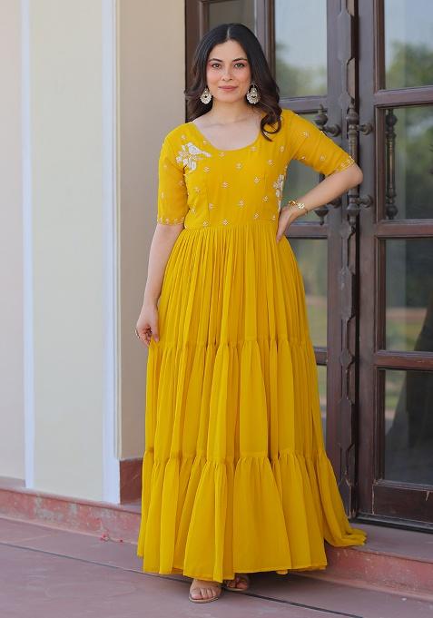 Yellow Sequence Embroidery Work Georgette Dress
