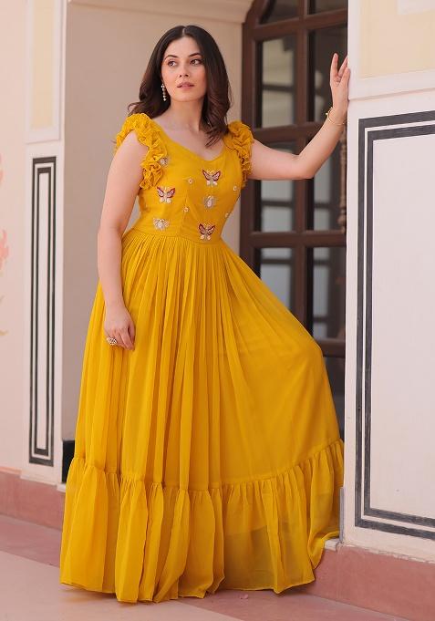 Yellow Sequence Embroidery Work Georgette Dress