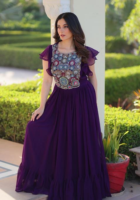 Purple Sequence Embroidery Work Georgette Dress