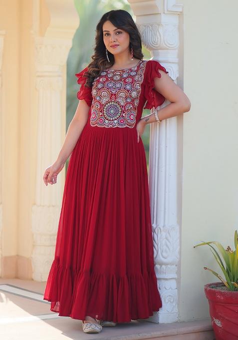 Maroon Sequence Embroidery Work Georgette Dress