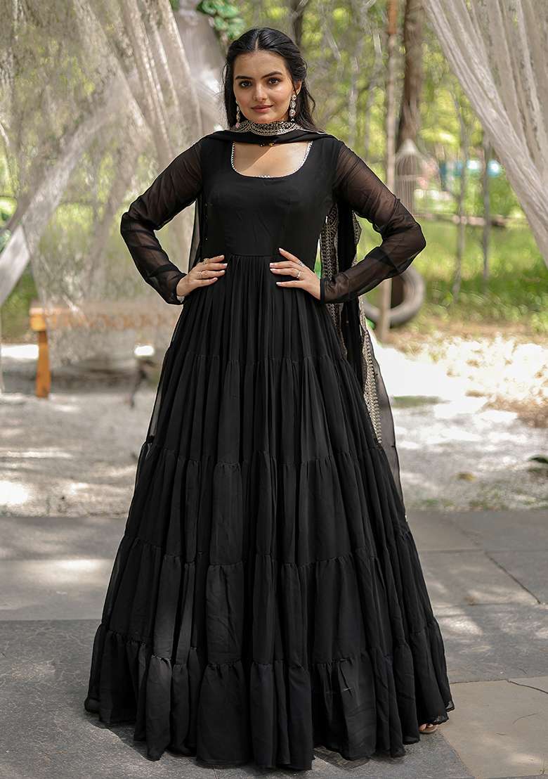 Black Solid Georgette Anarkali Set - Indya