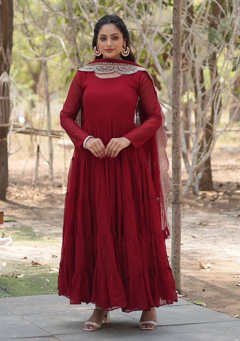 Maroon Embroidered Georgette Anarkali Set - Indya