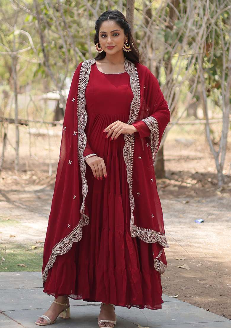Maroon Embroidered Georgette Anarkali Set - Indya