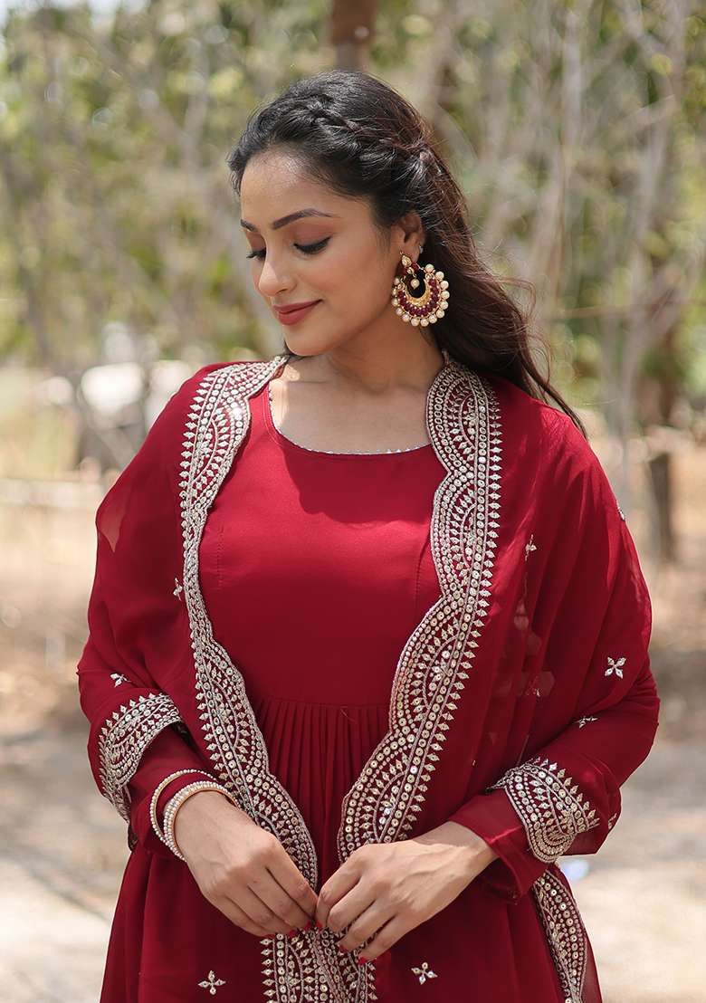 Maroon Embroidered Georgette Anarkali Set - Indya