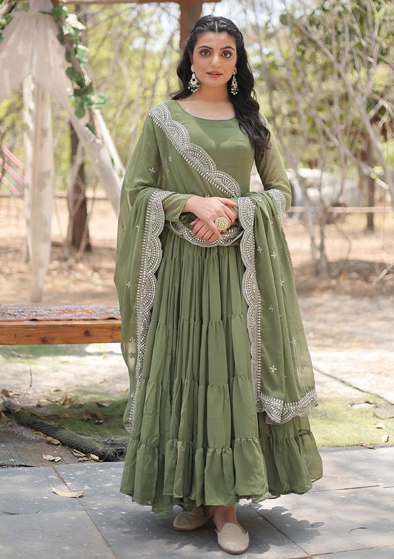 Mehendi Embroidered Georgette Anarkali Set - Indya