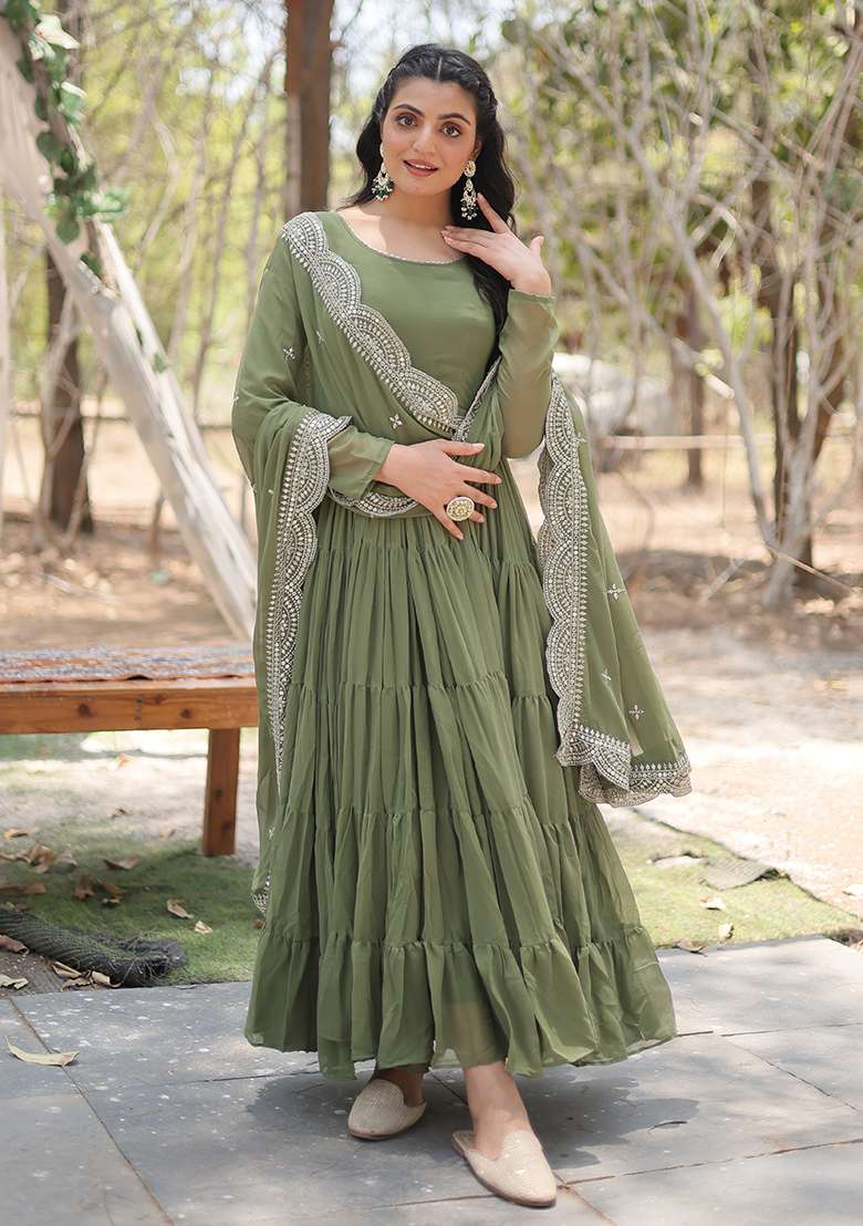 Mehendi Embroidered Georgette Anarkali Set - Indya