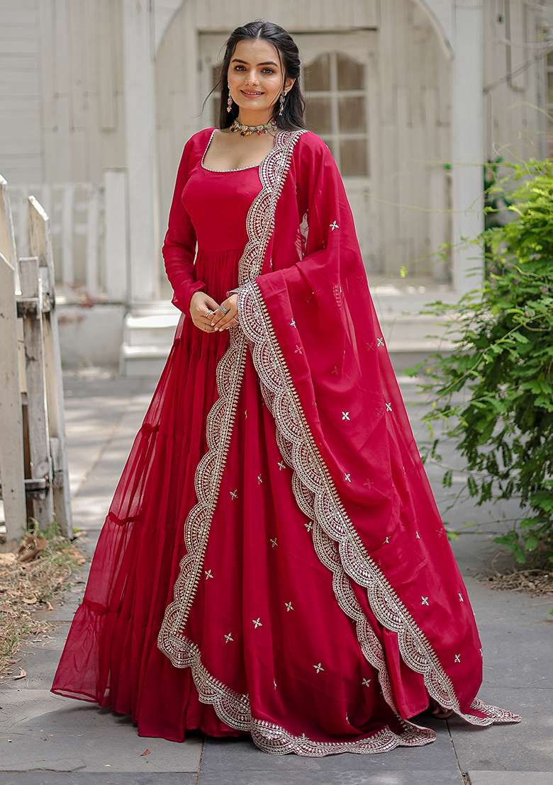 Pink Embroidered Georgette Anarkali Set - Indya