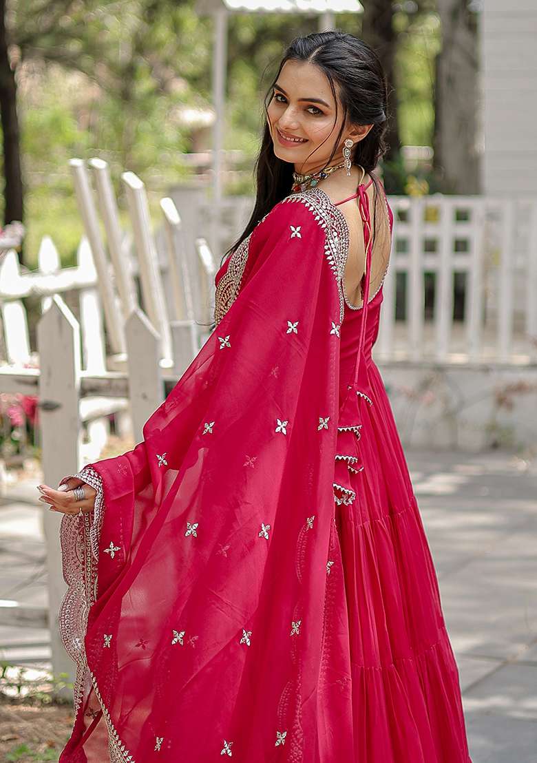 Pink Embroidered Georgette Anarkali Set - Indya