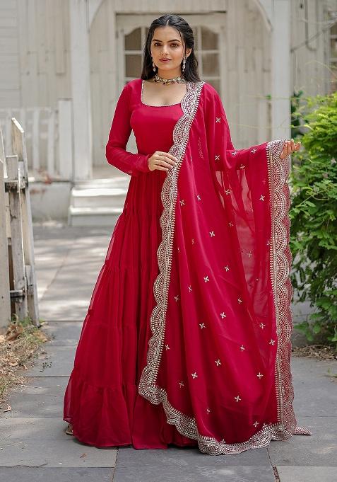 Pink Sequence Embroidery Work Georgette Kurta Set