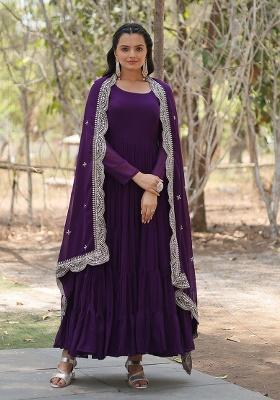 Purple Sequence Embroidery Work Georgette Kurta Set