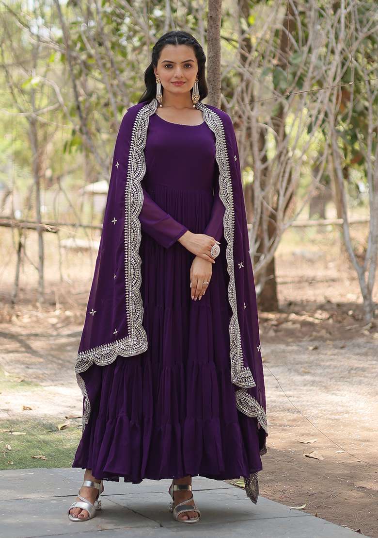 Purple Embroidered Georgette Anarkali Set - Indya