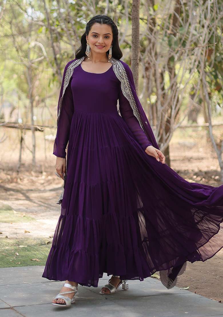 Purple Embroidered Georgette Anarkali Set - Indya