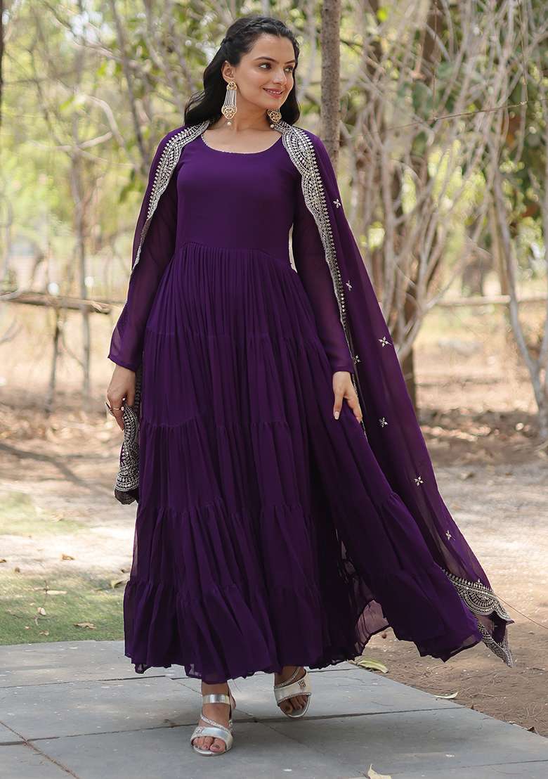 Purple Embroidered Georgette Anarkali Set - Indya