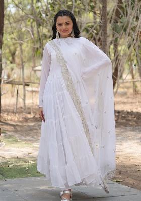 White Sequence Embroidery Work Georgette Kurta Set