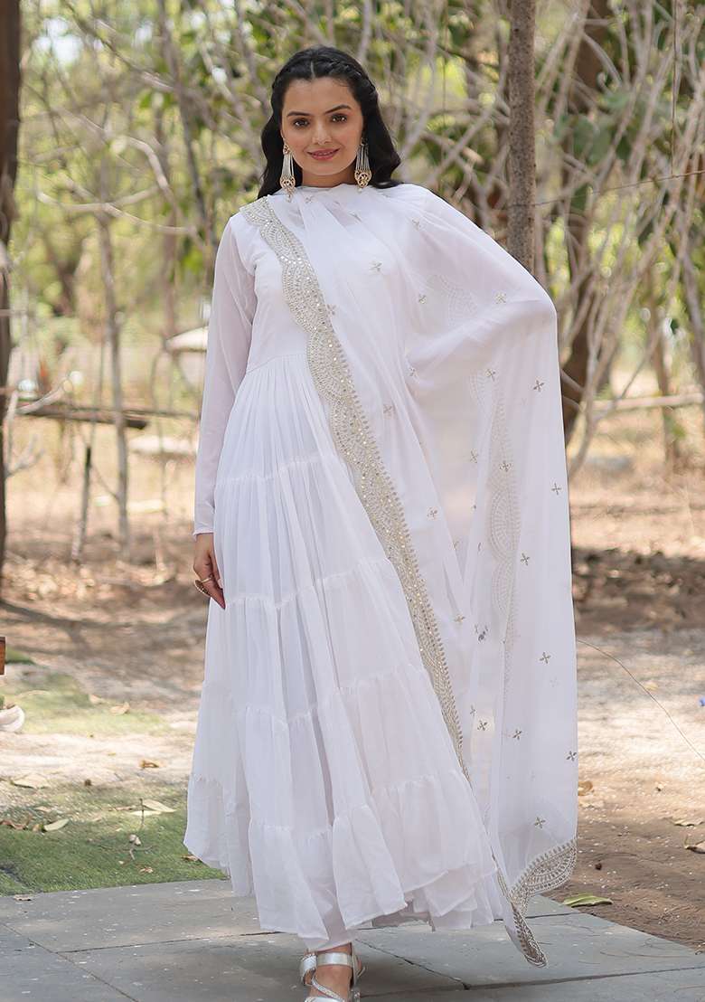 White Embroidered Georgette Anarkali Set - Indya