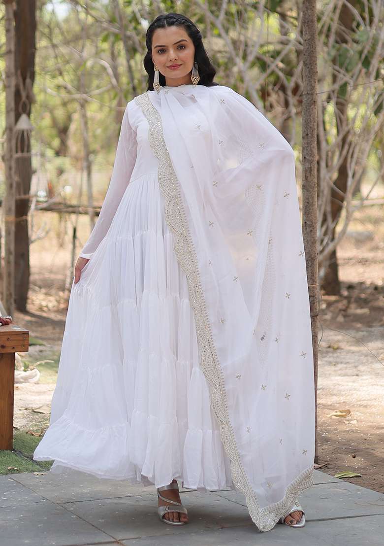 White Embroidered Georgette Anarkali Set - Indya