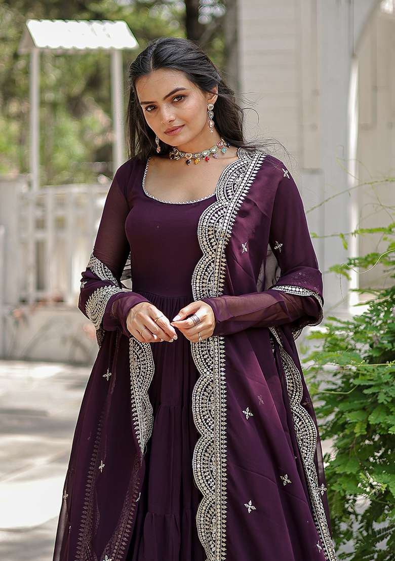 Wine Embroidered Georgette Anarkali Set - Indya