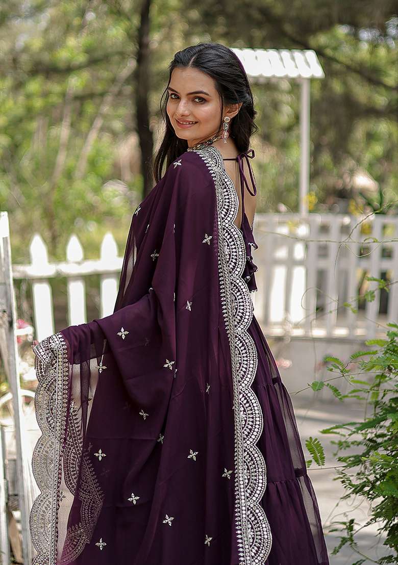 Wine Embroidered Georgette Anarkali Set - Indya