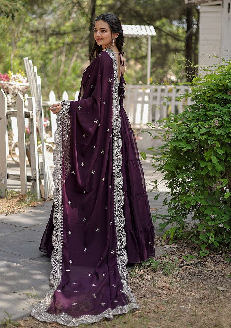 Wine Embroidered Georgette Anarkali Set - Indya