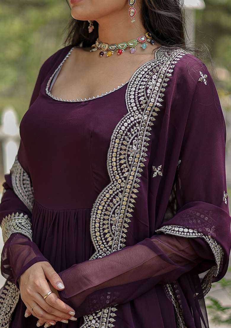 Wine Embroidered Georgette Anarkali Set - Indya