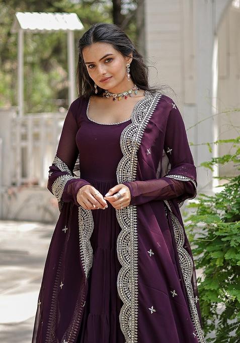 Wine Embroidered Georgette Anarkali Set