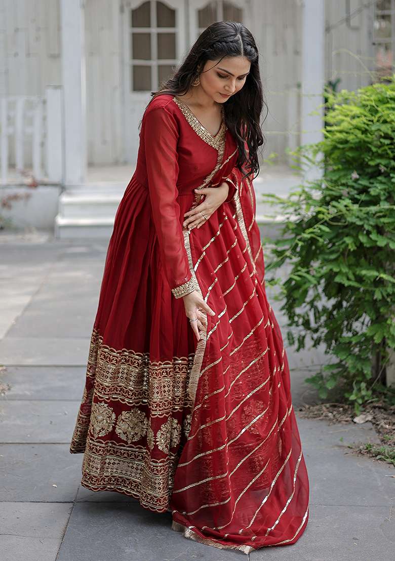 Maroon Embroidered Georgette Anarkali Set - Indya
