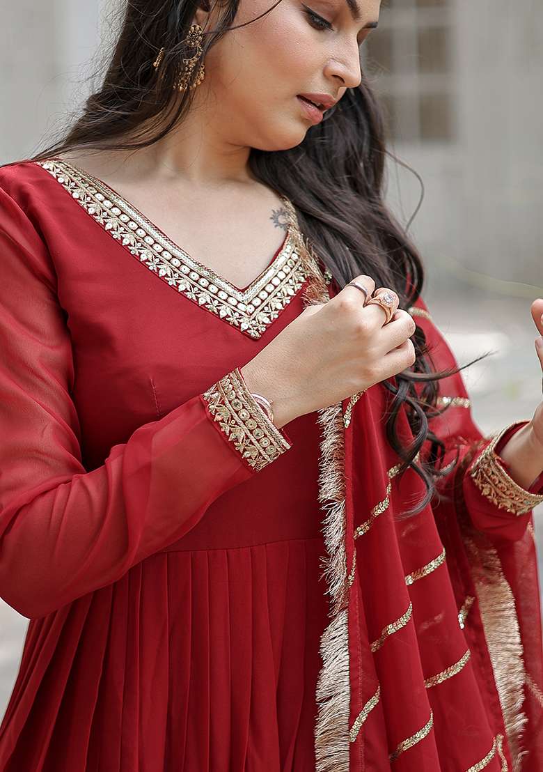 Maroon Embroidered Georgette Anarkali Set - Indya