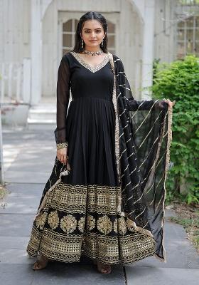 Black Sequence Embroidery Work Georgette Kurta Set