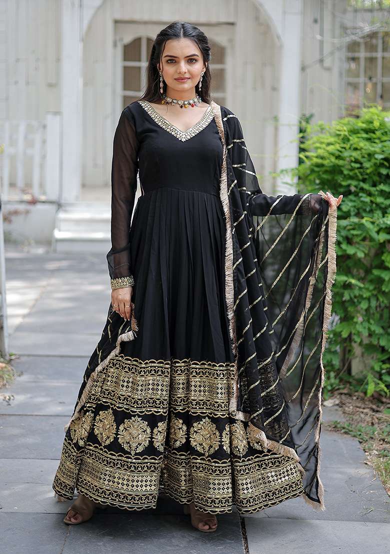 Black Embroidered Georgette Anarkali Set - Indya