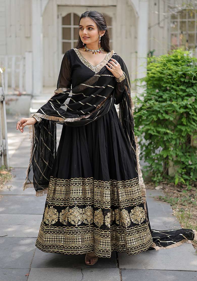 Black Embroidered Georgette Anarkali Set - Indya