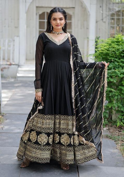 Black Sequence Embroidery Work Georgette Kurta Set