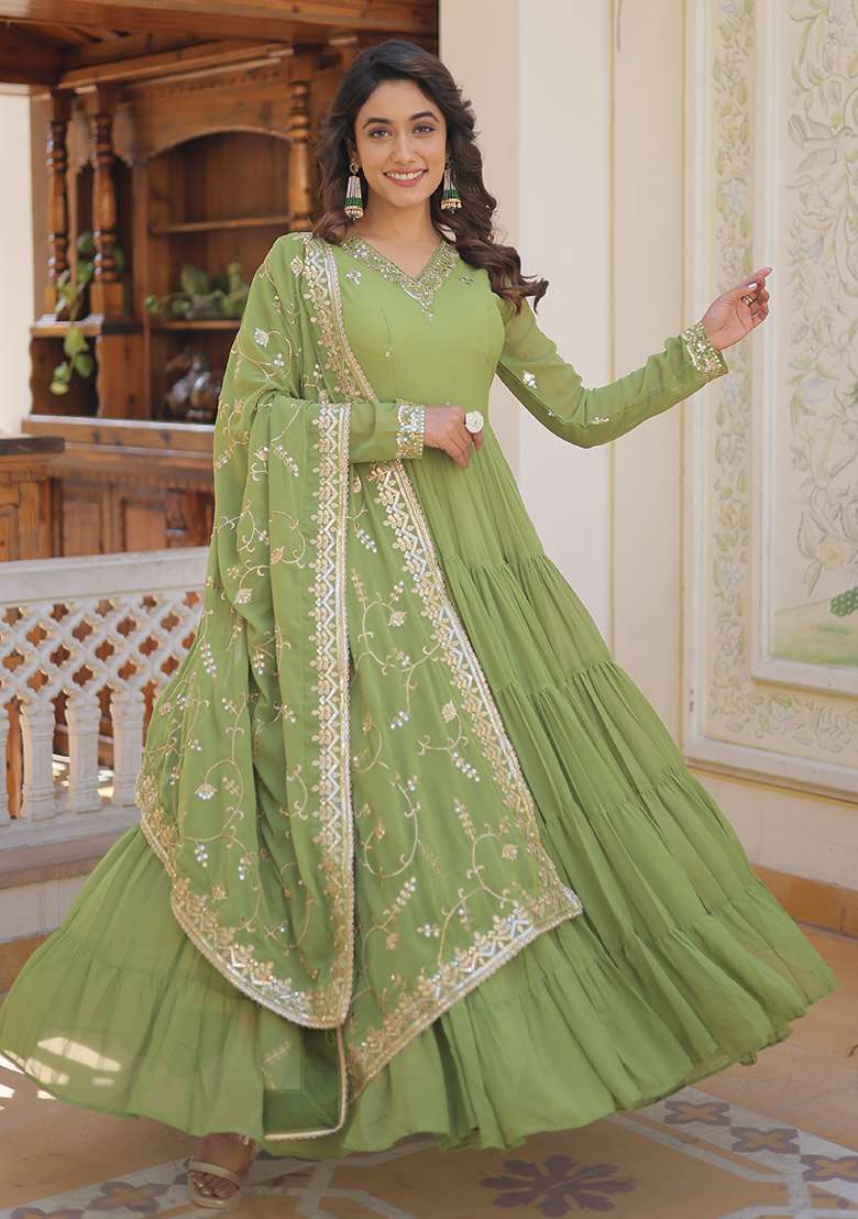 Green Embroidered Georgette Anarkali Set - Indya