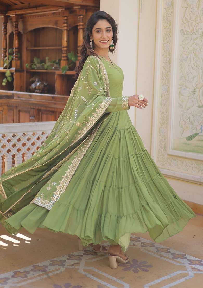 Green Embroidered Georgette Anarkali Set - Indya