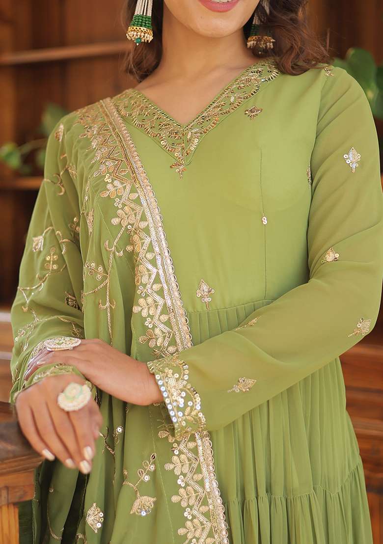 Green Embroidered Georgette Anarkali Set - Indya