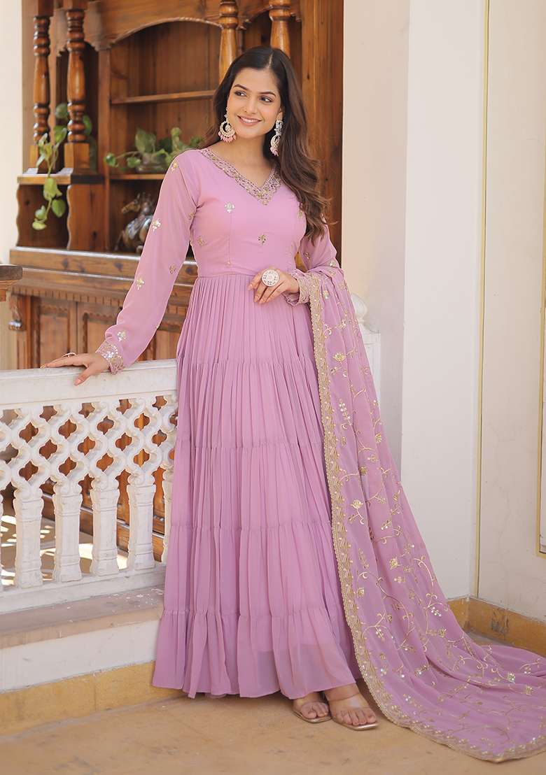 Purple Embroidered Georgette Anarkali Set - Indya