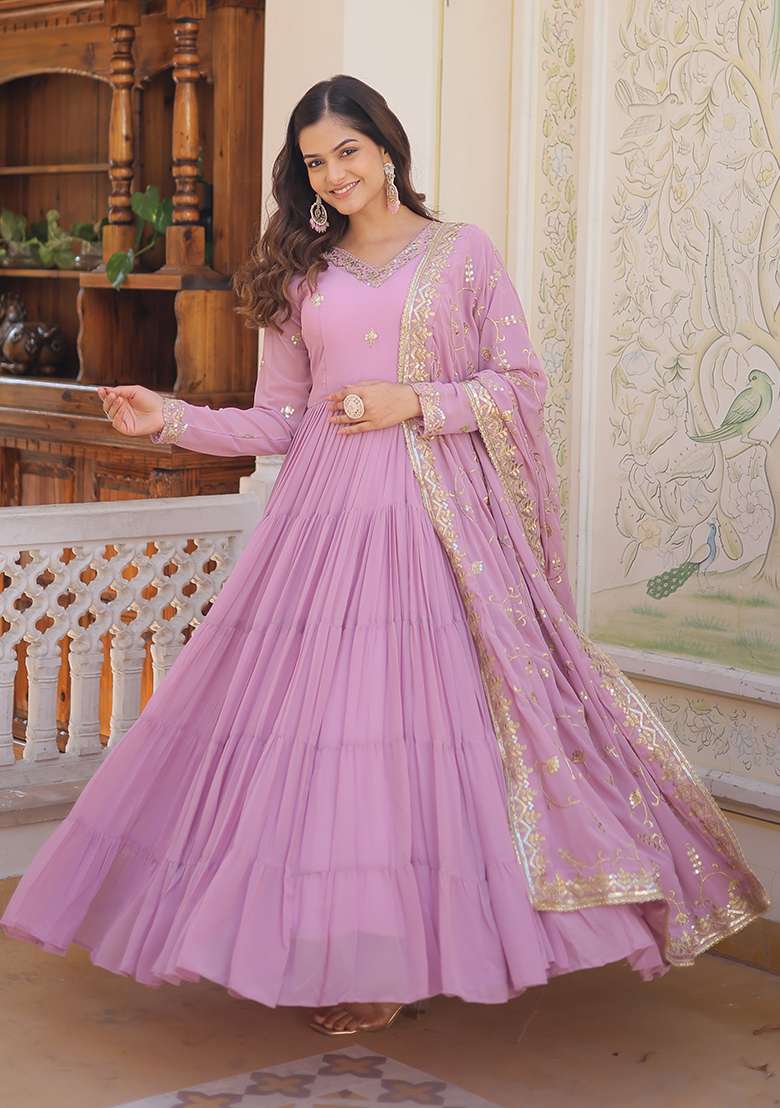Purple Embroidered Georgette Anarkali Set - Indya