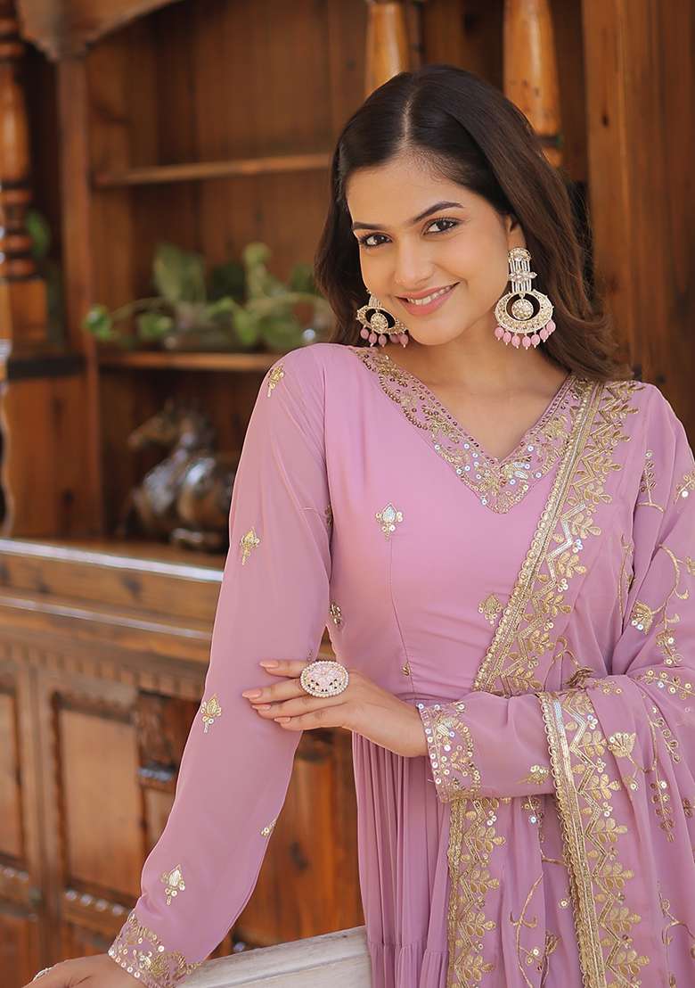 Purple Embroidered Georgette Anarkali Set - Indya