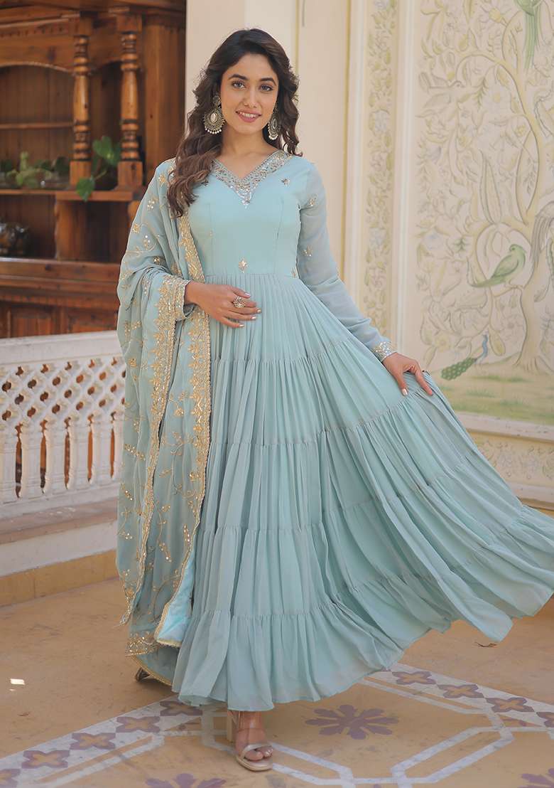 Sky Blue Embroidered Georgette Anarkali Set - Indya