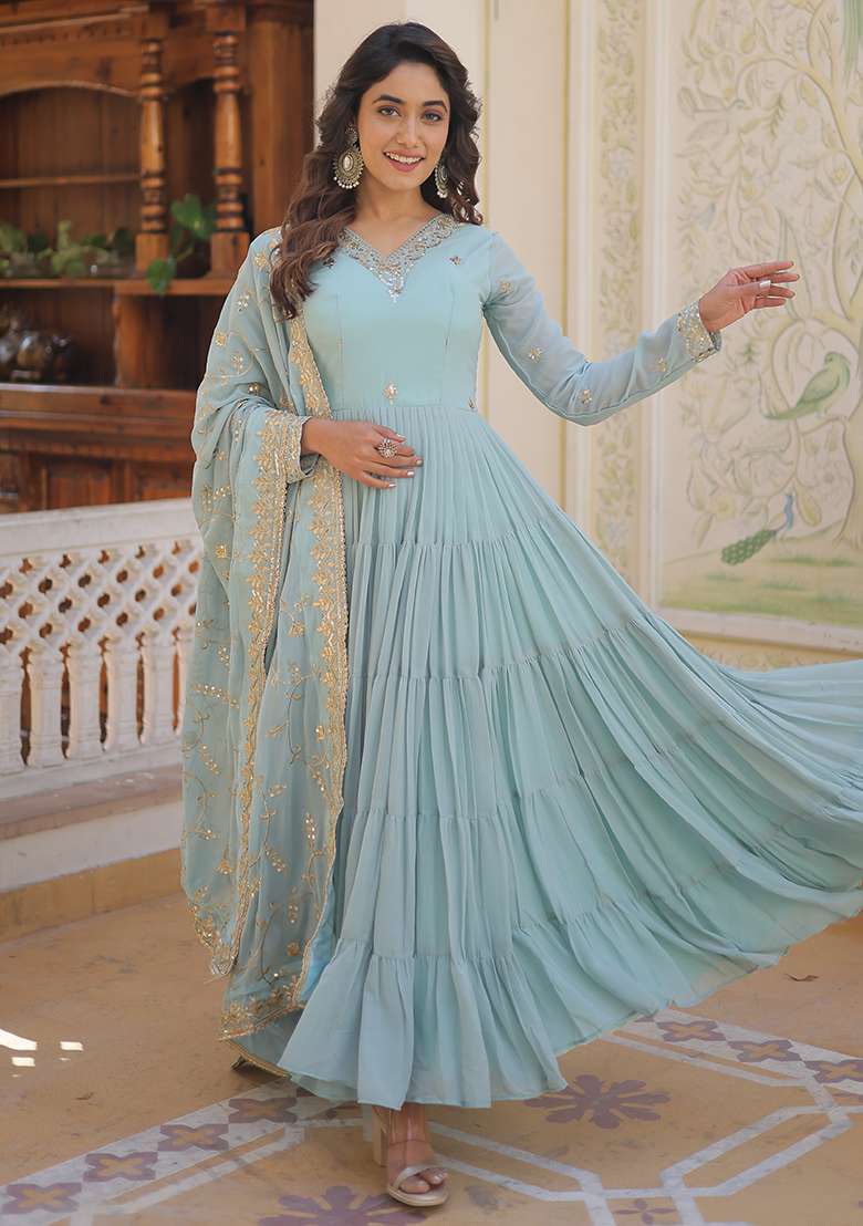 Sky Blue Embroidered Georgette Anarkali Set - Indya