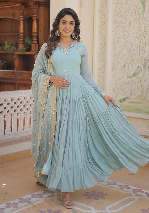 Sky Blue Sequence Embroidery Work Georgette Kurta Set