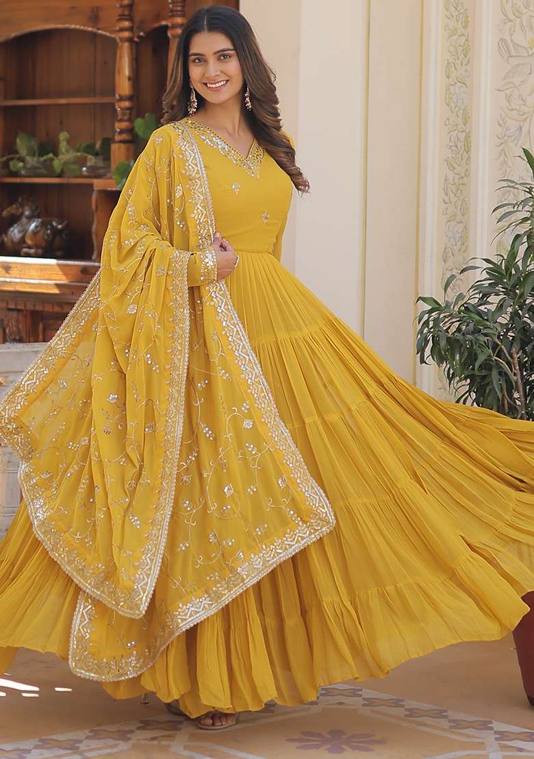 Yellow Embroidered Georgette Anarkali Set - Indya