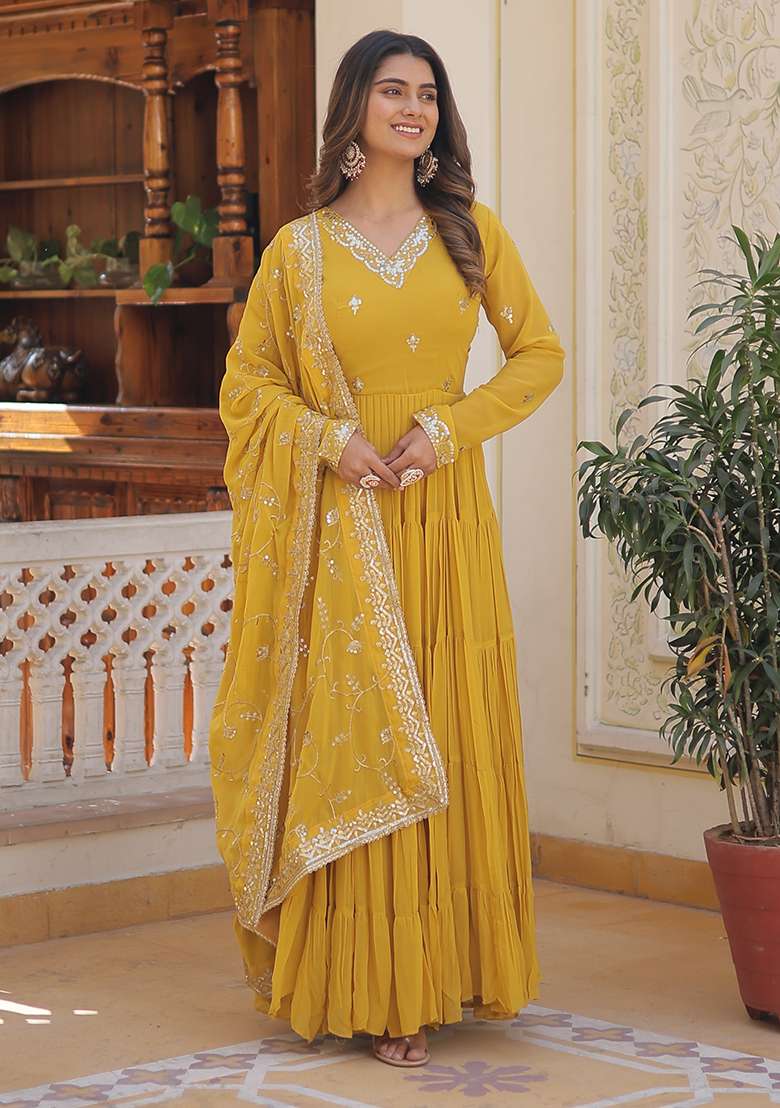 Yellow Embroidered Georgette Anarkali Set - Indya