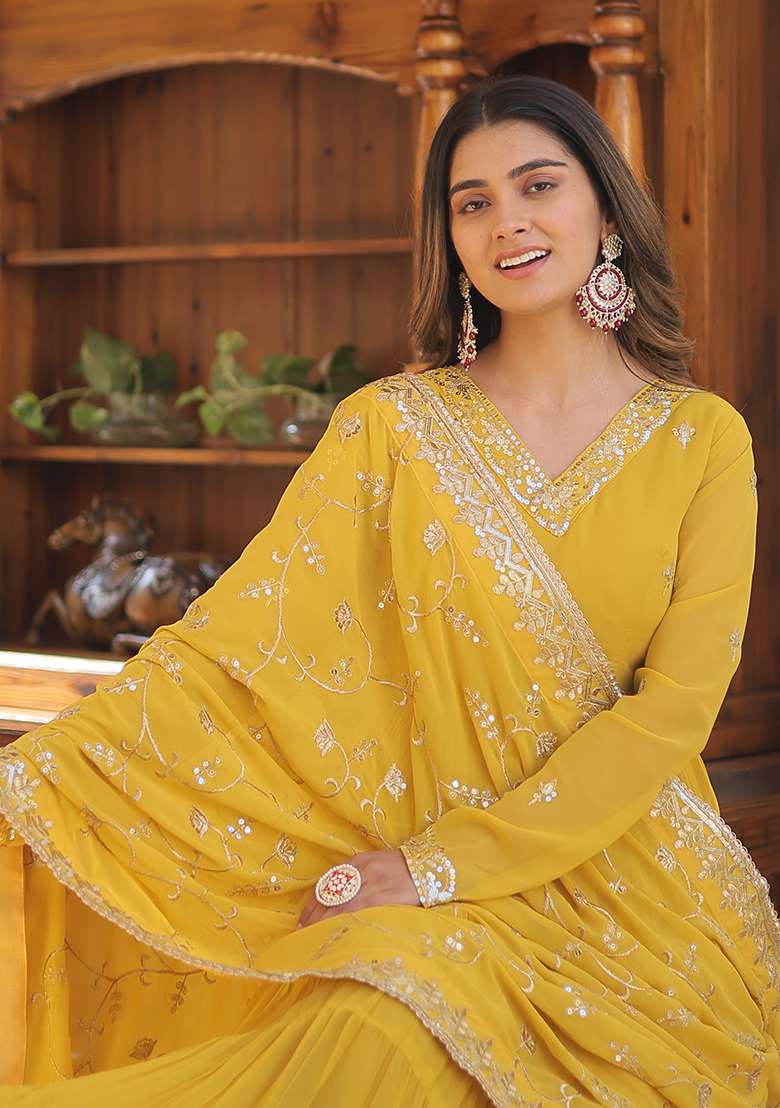 Yellow Embroidered Georgette Anarkali Set - Indya