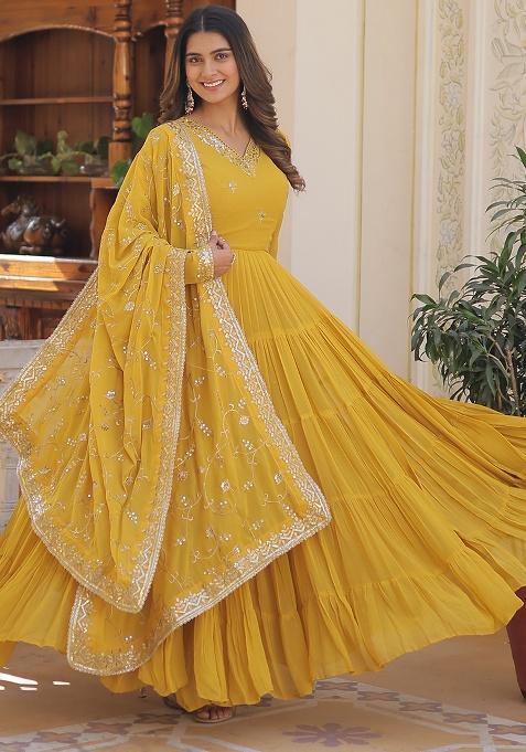 Yellow Sequence Embroidery Work Georgette Kurta Set
