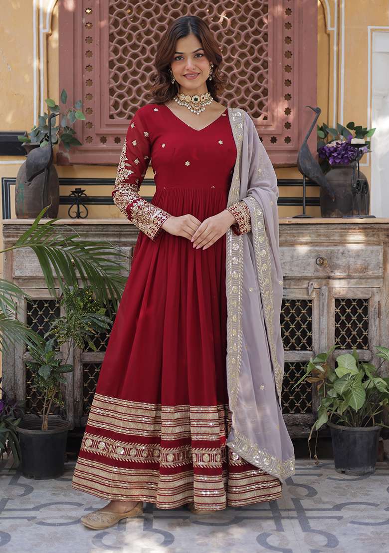 Red Embroidered Georgette Anarkali Set - Indya